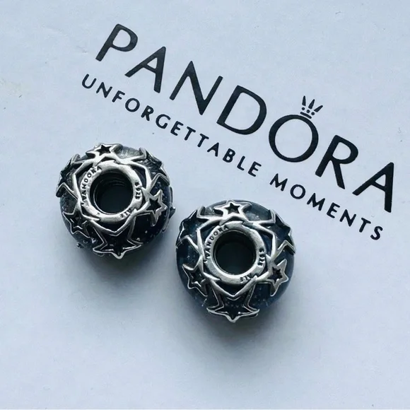 Pandora Lot/2 Galaxy Blue & Star Murano Glass Charm - Picture 3 of 3